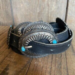 Vintage Black Leather Belt with Southwest Conchos 28"
